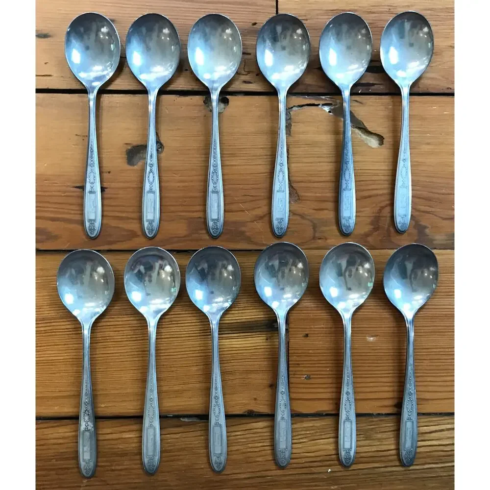 Set Lot 12 Vtg Antique Oneida Silverplate Victorian Community Plate Soup Spoons
